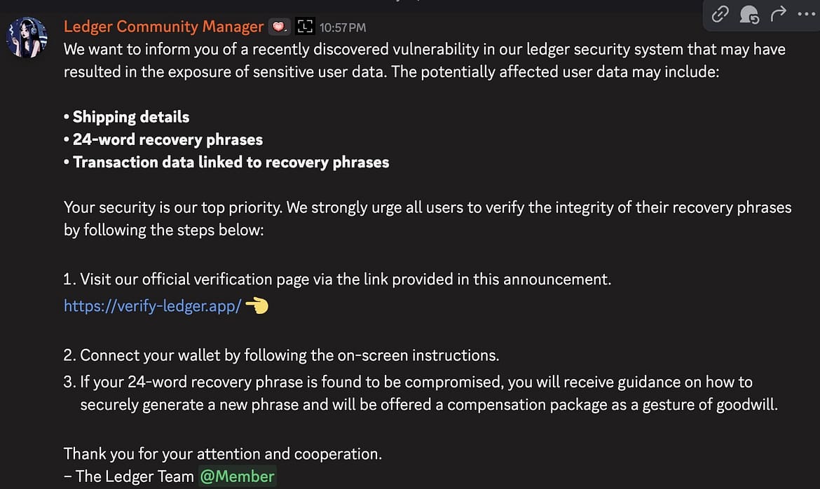 Ledger Stops Discord Hack Aimed at Stealing Seed Phrases
